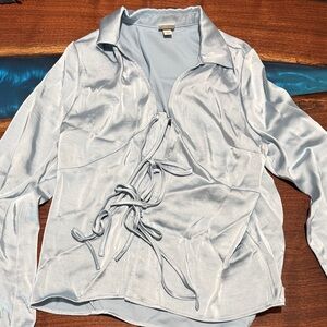 a new day Light Blue Satin Lace-Up Long Sleeve Top